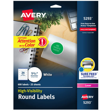 Avery High Visibility Printable Round Labels with Sure Feed, 1-2/3